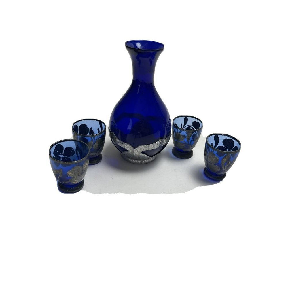 Vintage Farber Bros Blue Cobalt Chrome Decanter Four Shot Glasses